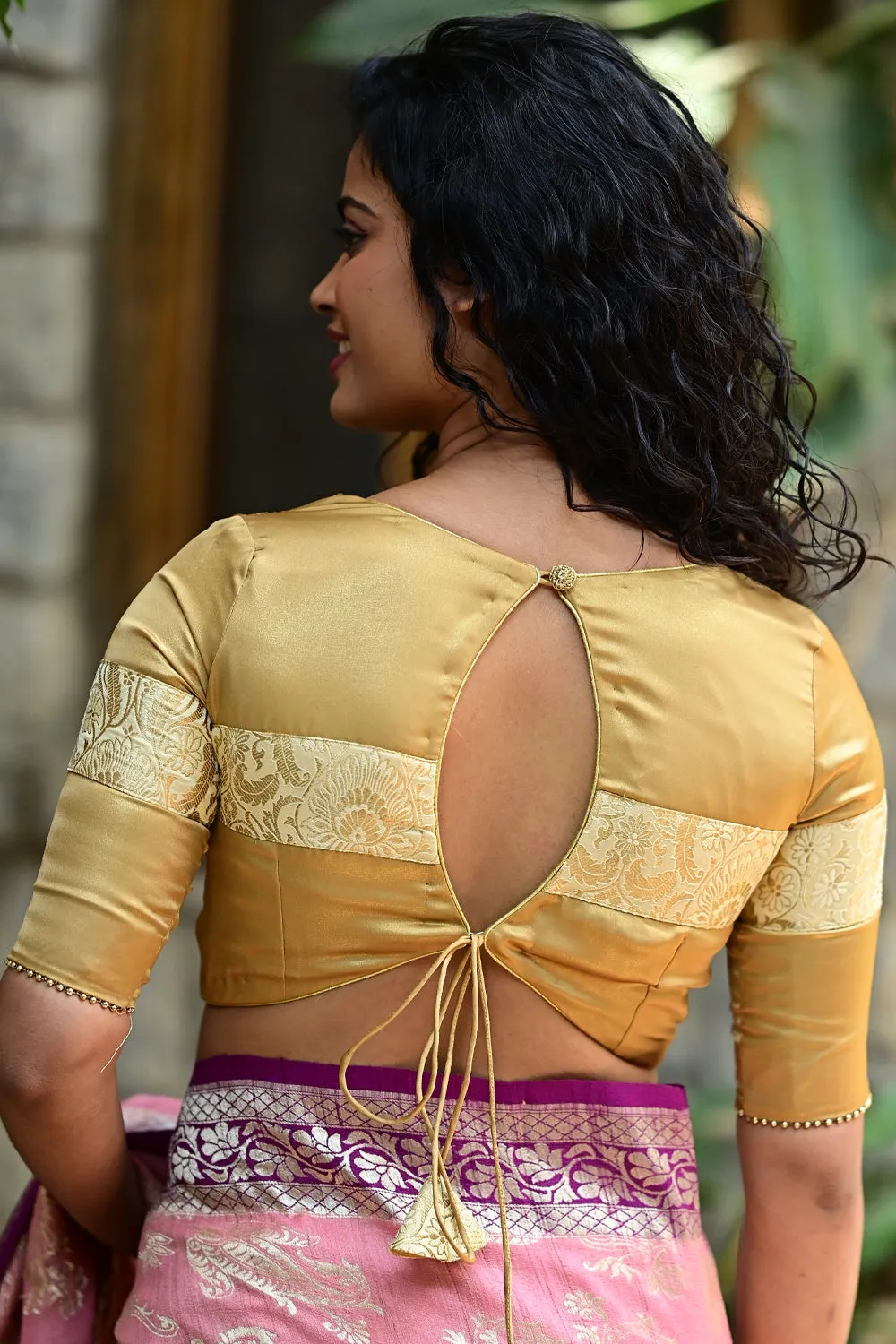 Gold satin shimmer U neck blouse with brocade detailing