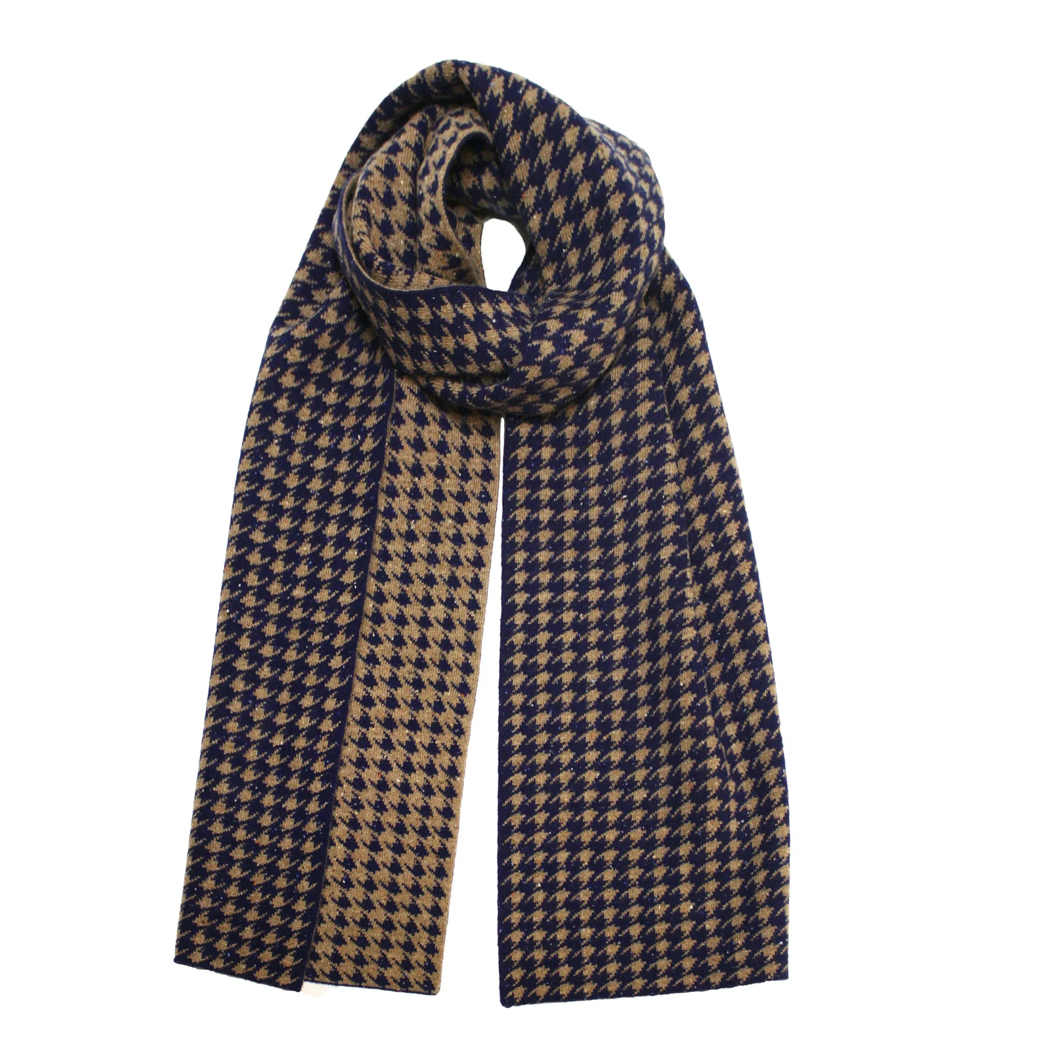 Hounds Tooth knitted Cashmere Scarf Kotara Camel Blue