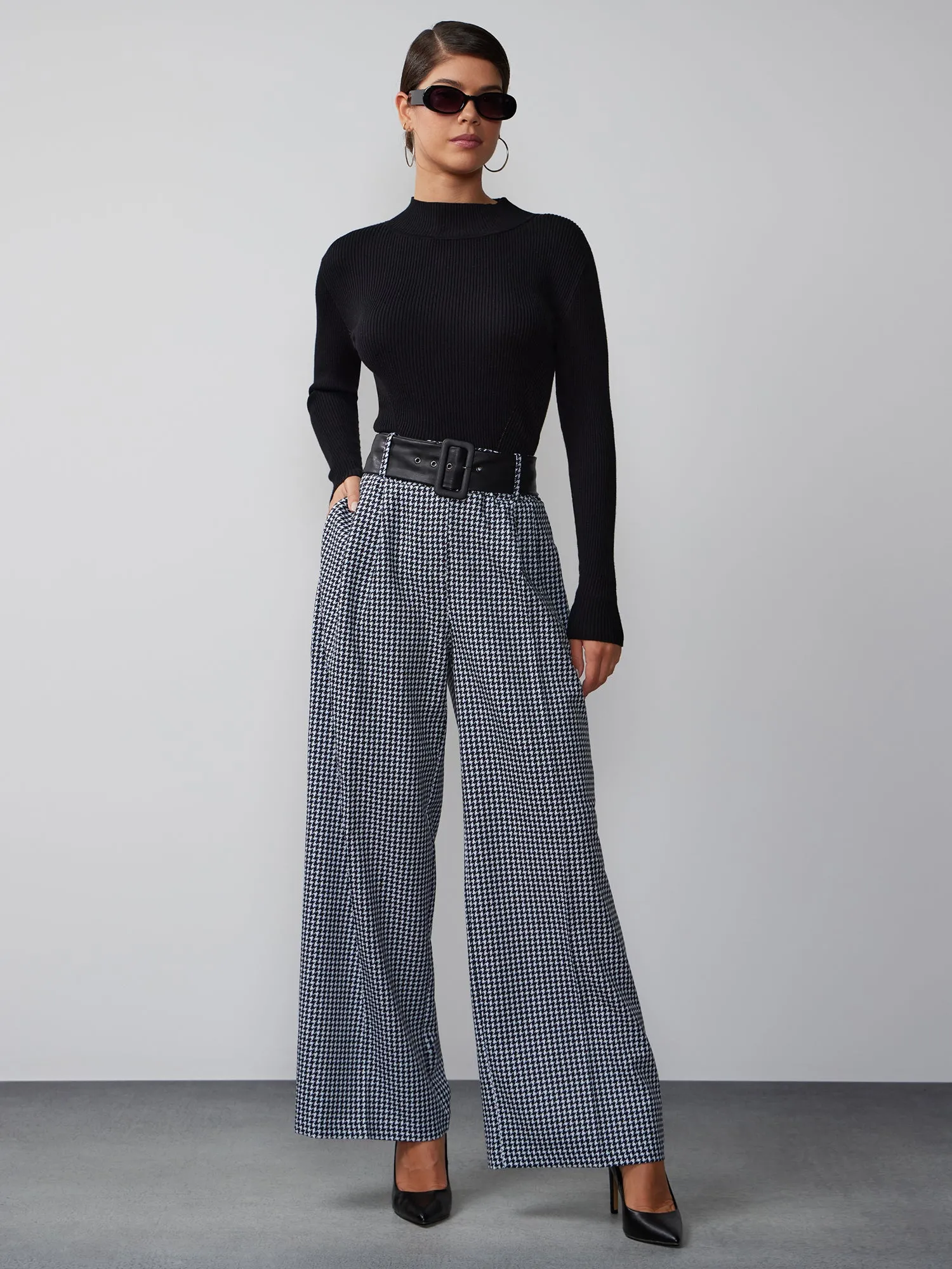 Houndstooth Belted Wide Leg Pant