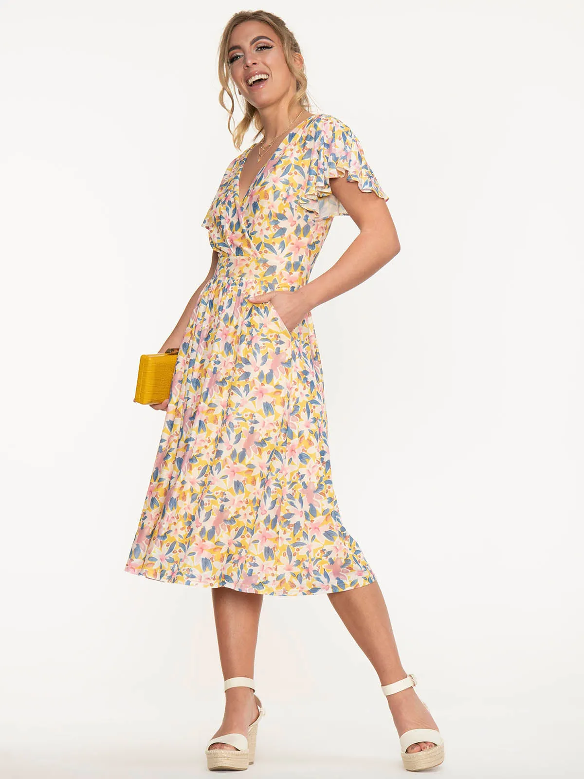 Jolie Moi Kaylynn Wrap Mesh Dress, Yellow Floral