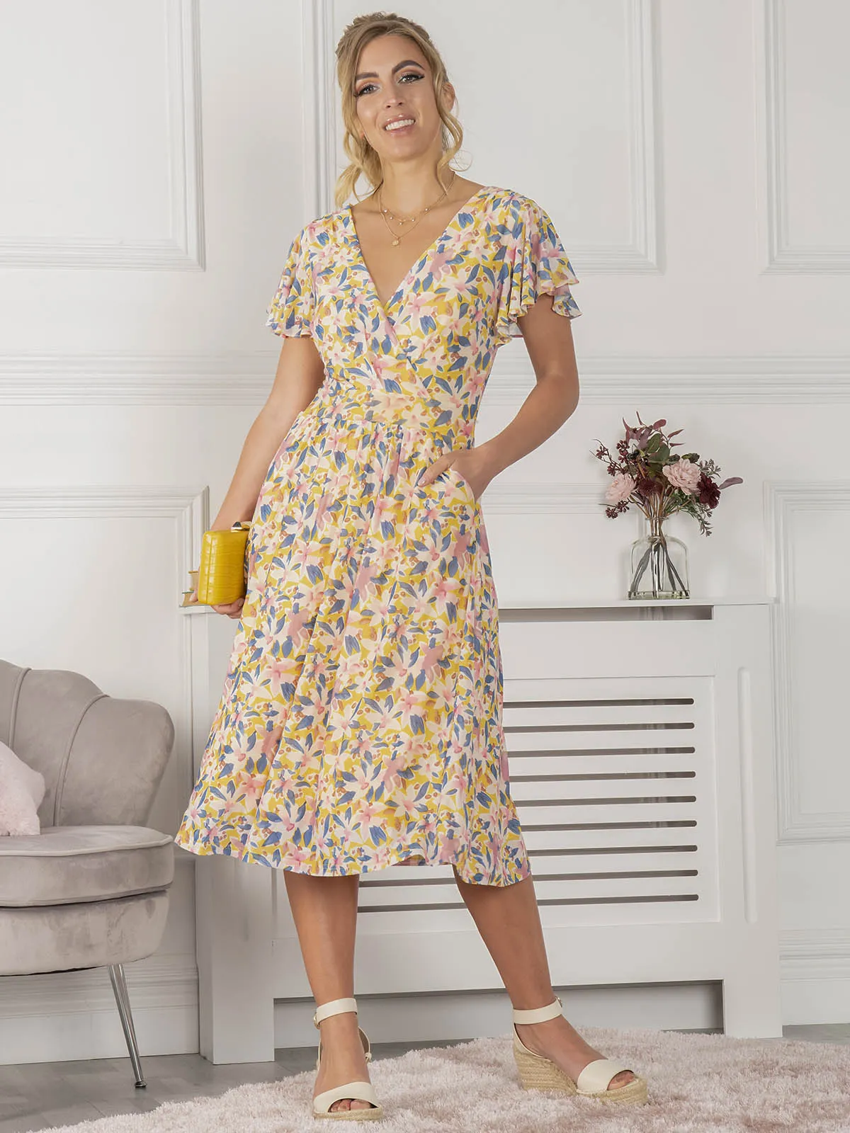 Jolie Moi Kaylynn Wrap Mesh Dress, Yellow Floral