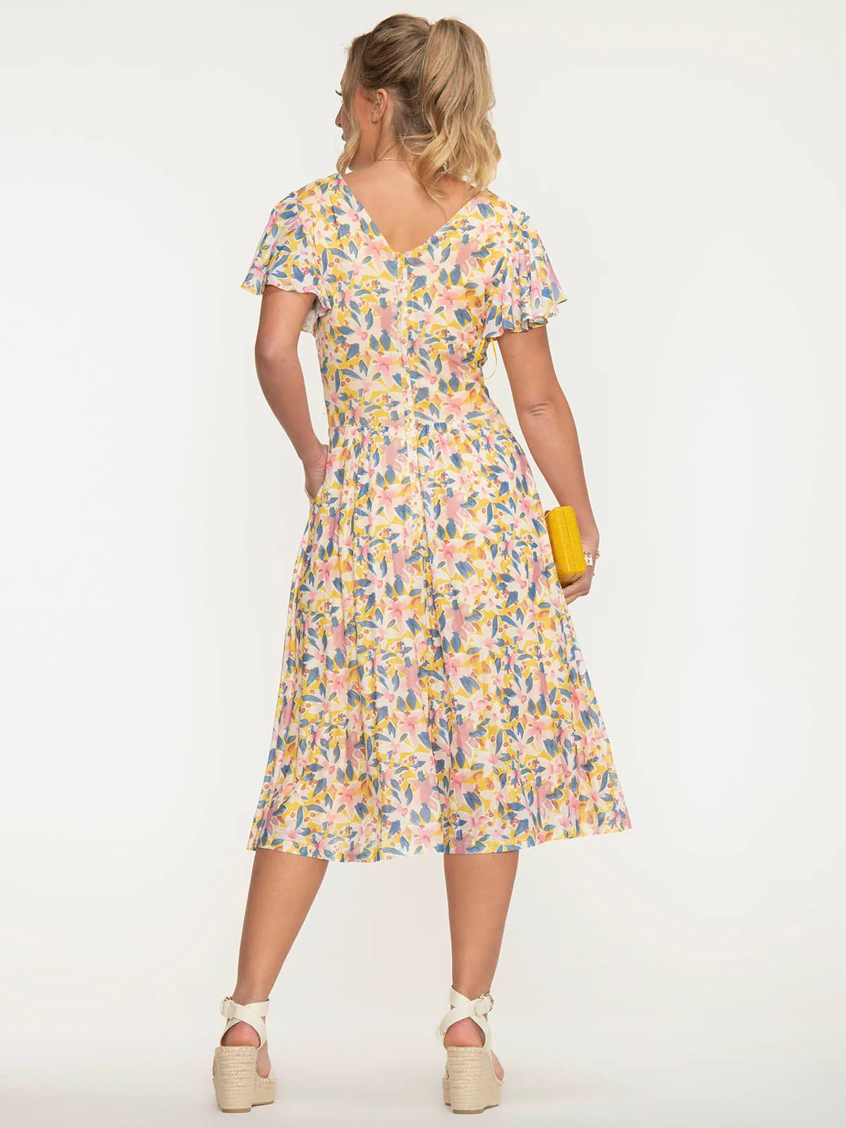 Jolie Moi Kaylynn Wrap Mesh Dress, Yellow Floral