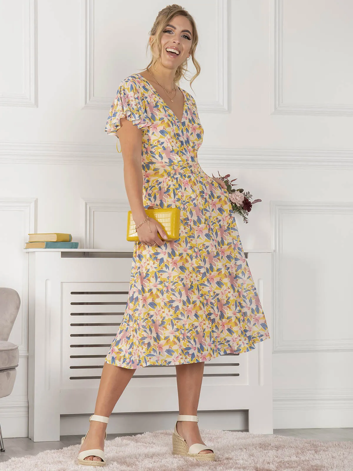 Jolie Moi Kaylynn Wrap Mesh Dress, Yellow Floral