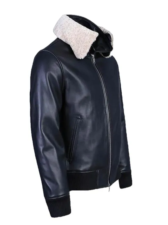 Karakul Mens Pilot Leather Jacket Faux Fur Collar