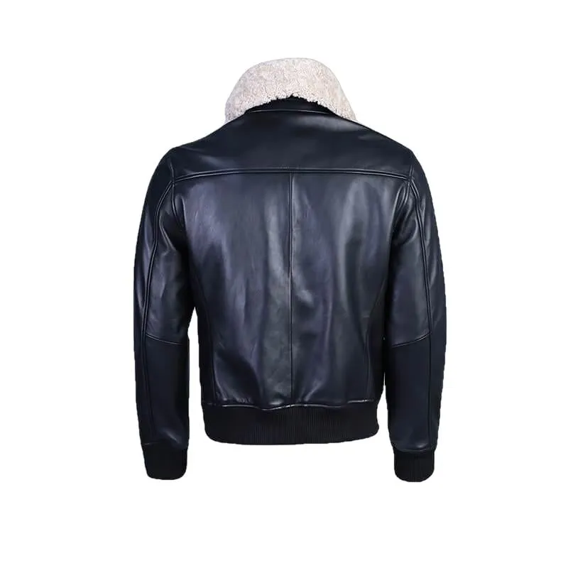 Karakul Mens Pilot Leather Jacket Faux Fur Collar