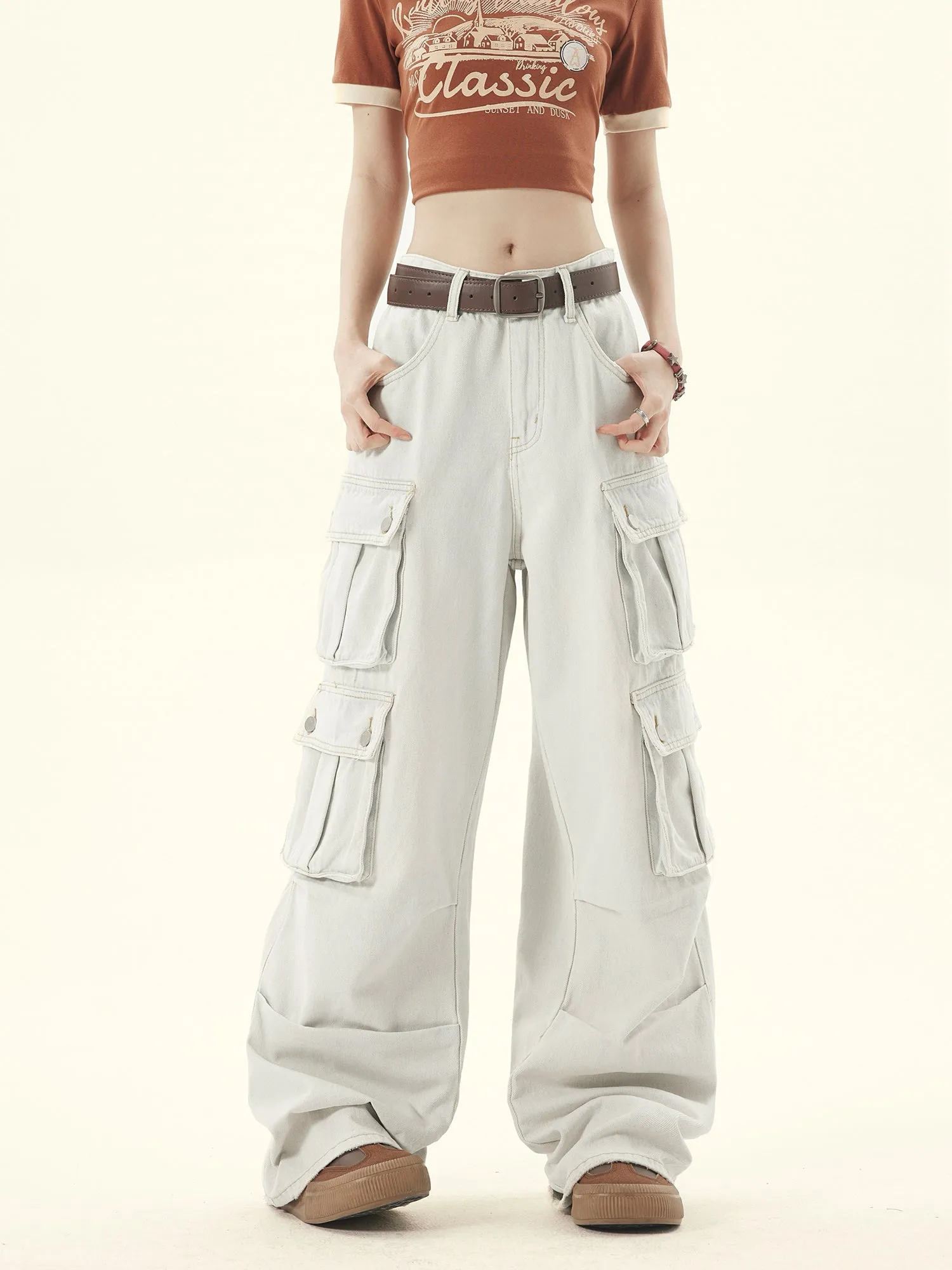 Light-Washed Denim Wide-leg Cargo Pants