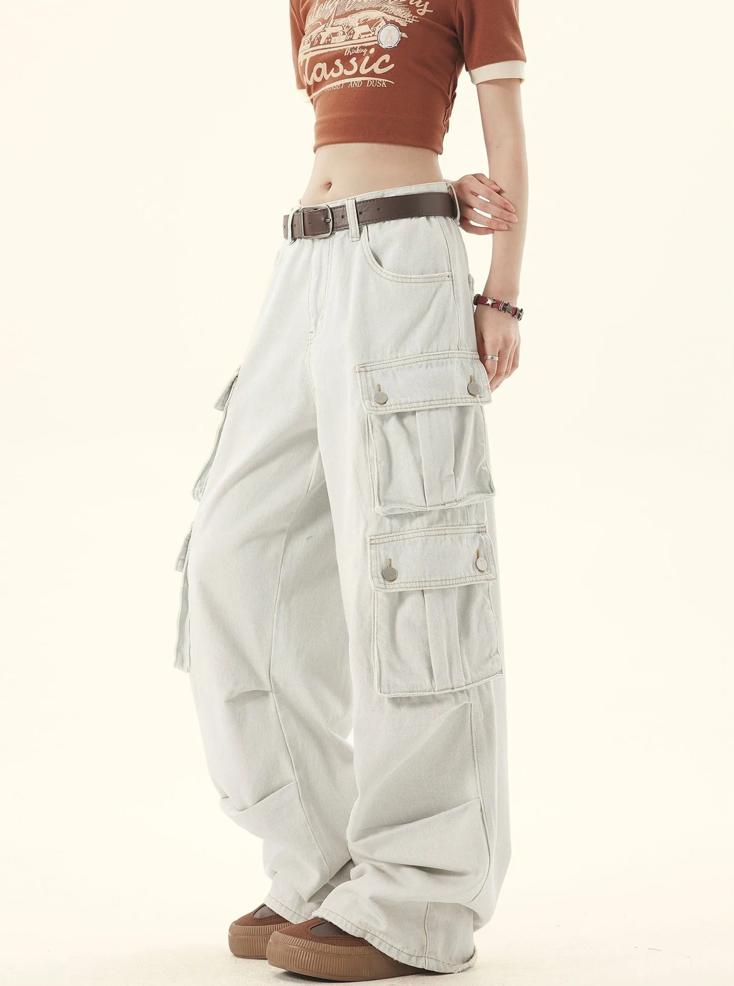 Light-Washed Denim Wide-leg Cargo Pants