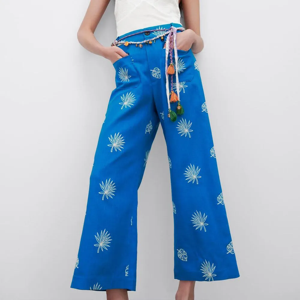 Linen Embroidery High Waist Wide Leg Pants