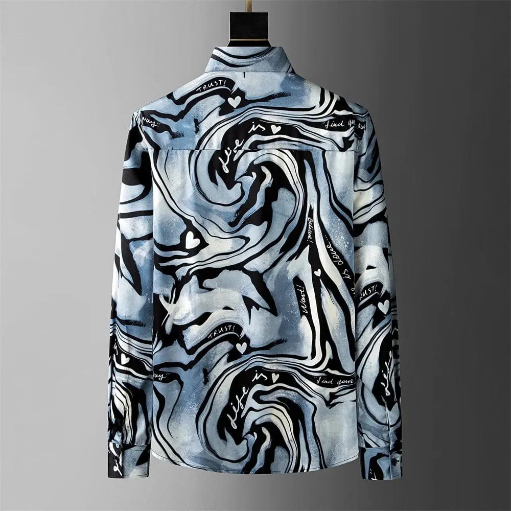 Long Sleeve Ripple Printed Shirt for Men: Loose-Fit Casual Shirts for High-Quality Social and Business Parties