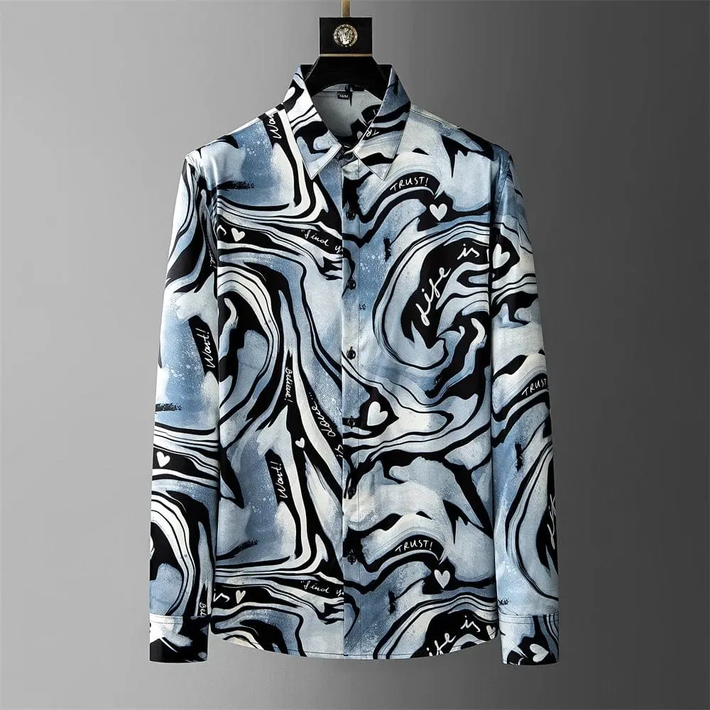 Long Sleeve Ripple Printed Shirt for Men: Loose-Fit Casual Shirts for High-Quality Social and Business Parties