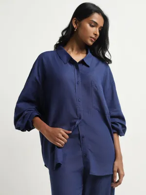 LOV Indigo Solid Blended Linen Shirt