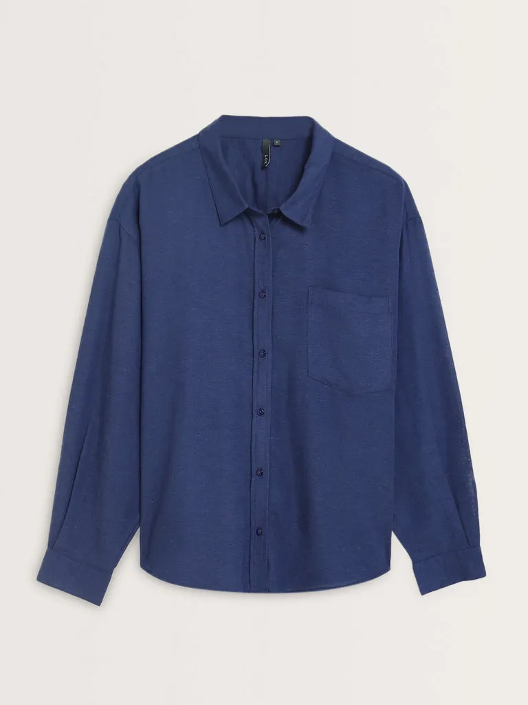 LOV Indigo Solid Blended Linen Shirt