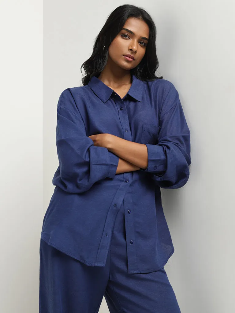 LOV Indigo Solid Blended Linen Shirt