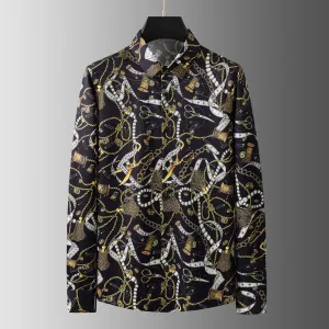 Luxury Vintage Chain Printed Shirt for Men: Long Sleeve Casual Shirt Slim Fit Business Party