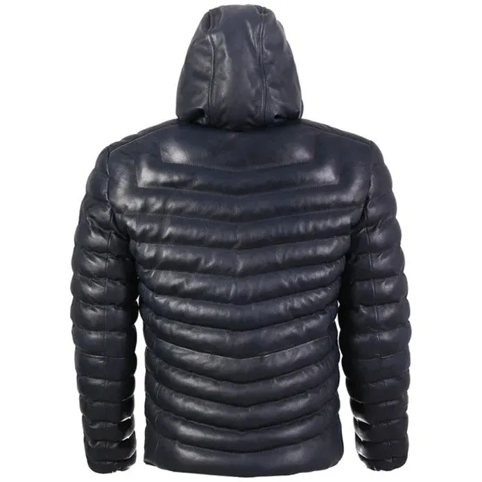 Mens Bubble Puffer Leather Jacket In Blue With Hood