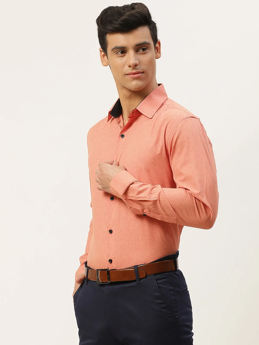 Men's Cotton Orange Solid Formal Shirt - Sojanya