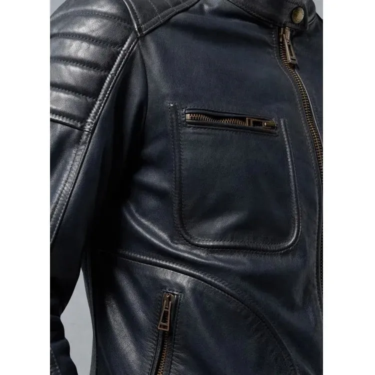 Men's Deep Navy Leather Moto Jacket