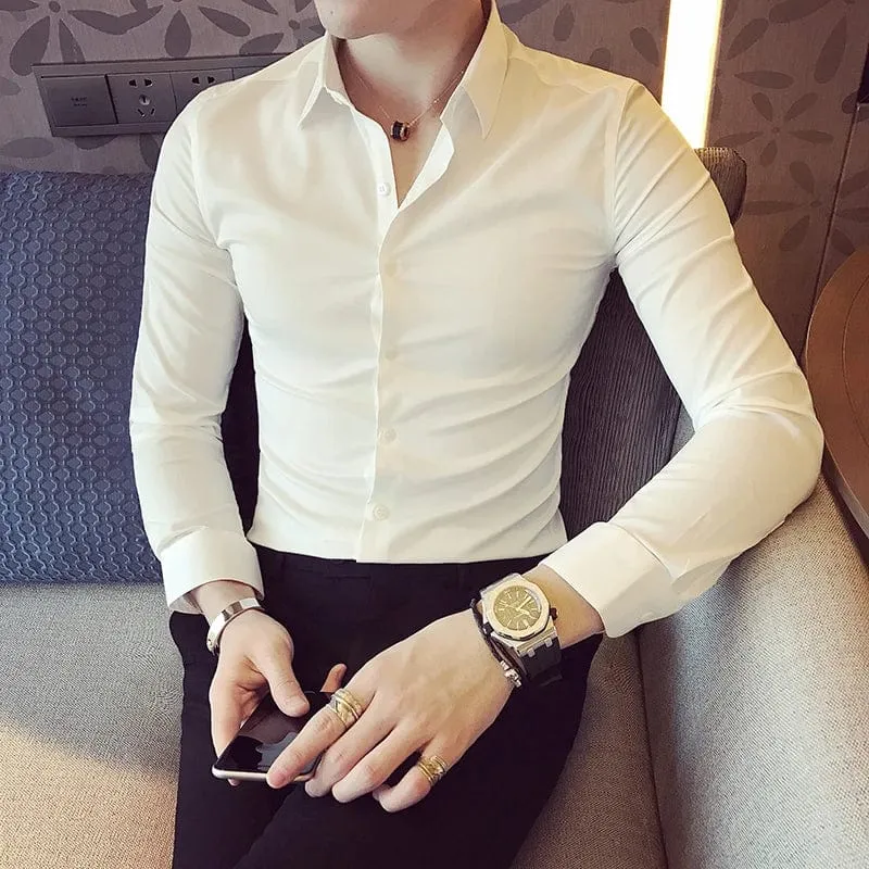 Men's High-Quality Slim Fit Long Sleeve Dress Shirt – Solid Color Business Casual & Club Wear