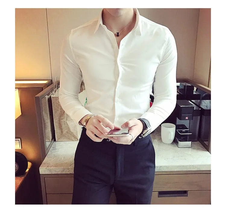 Men's High-Quality Slim Fit Long Sleeve Dress Shirt – Solid Color Business Casual & Club Wear