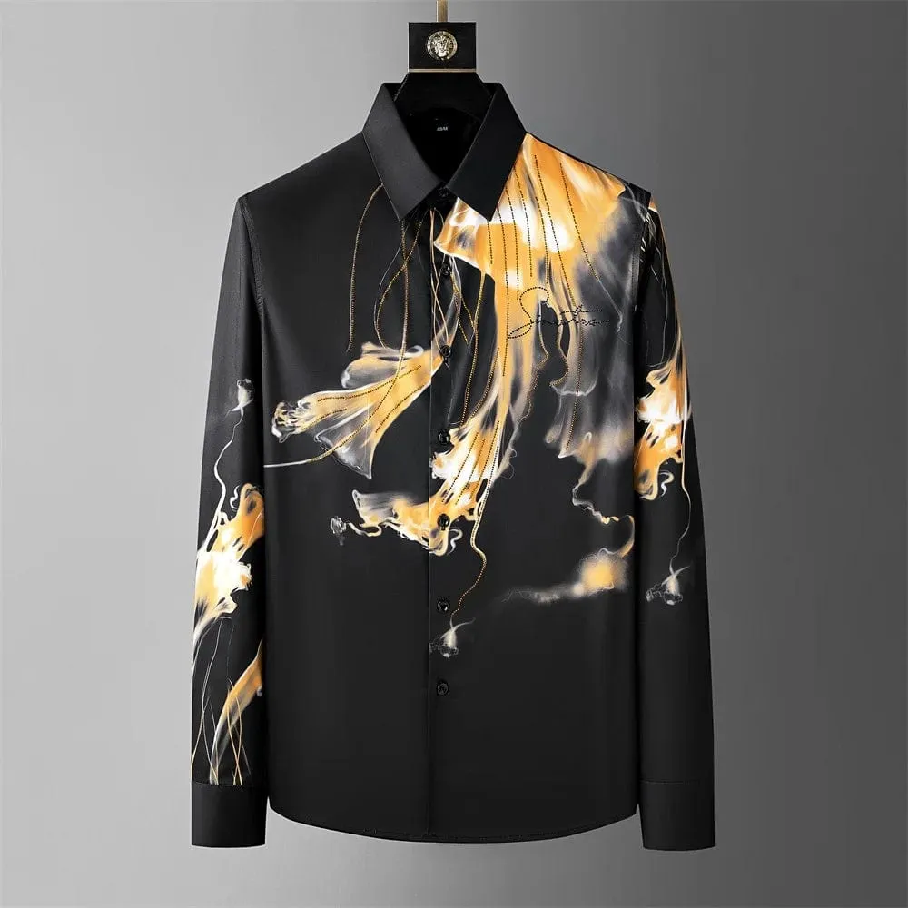 Men's Luxury Art Print Long Sleeve Shirt | Slim Fit Rhinestone Dress Shirt for Casual Business & Party Wear