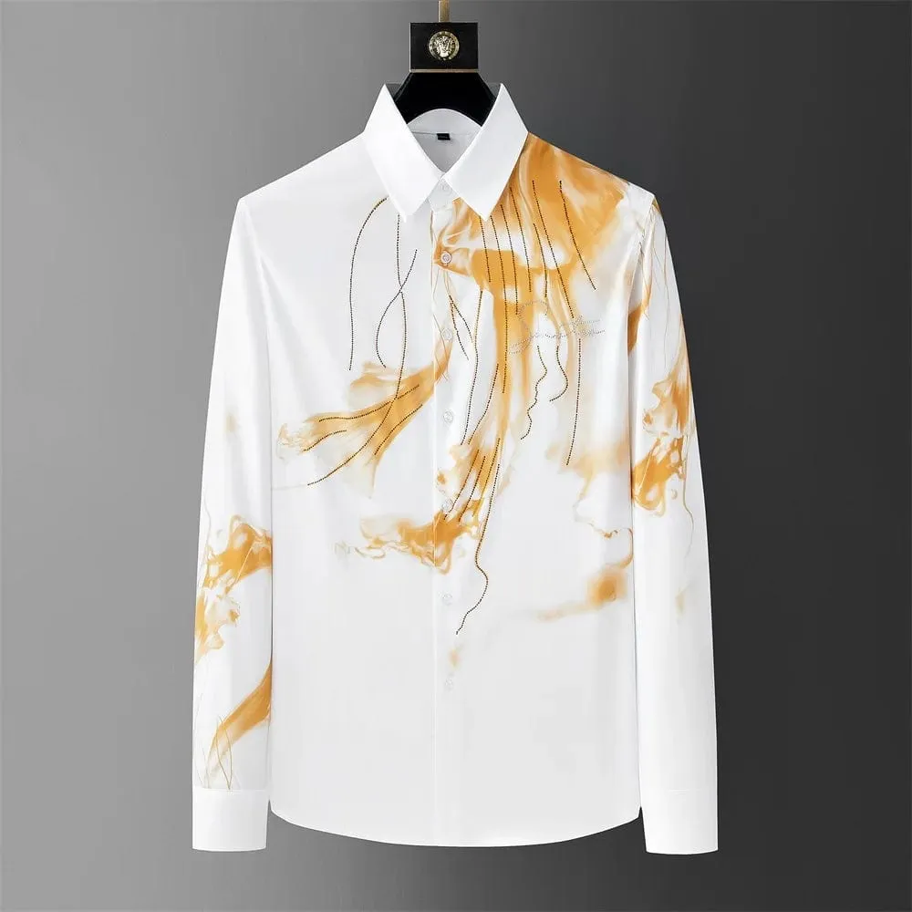 Men's Luxury Art Print Long Sleeve Shirt | Slim Fit Rhinestone Dress Shirt for Casual Business & Party Wear