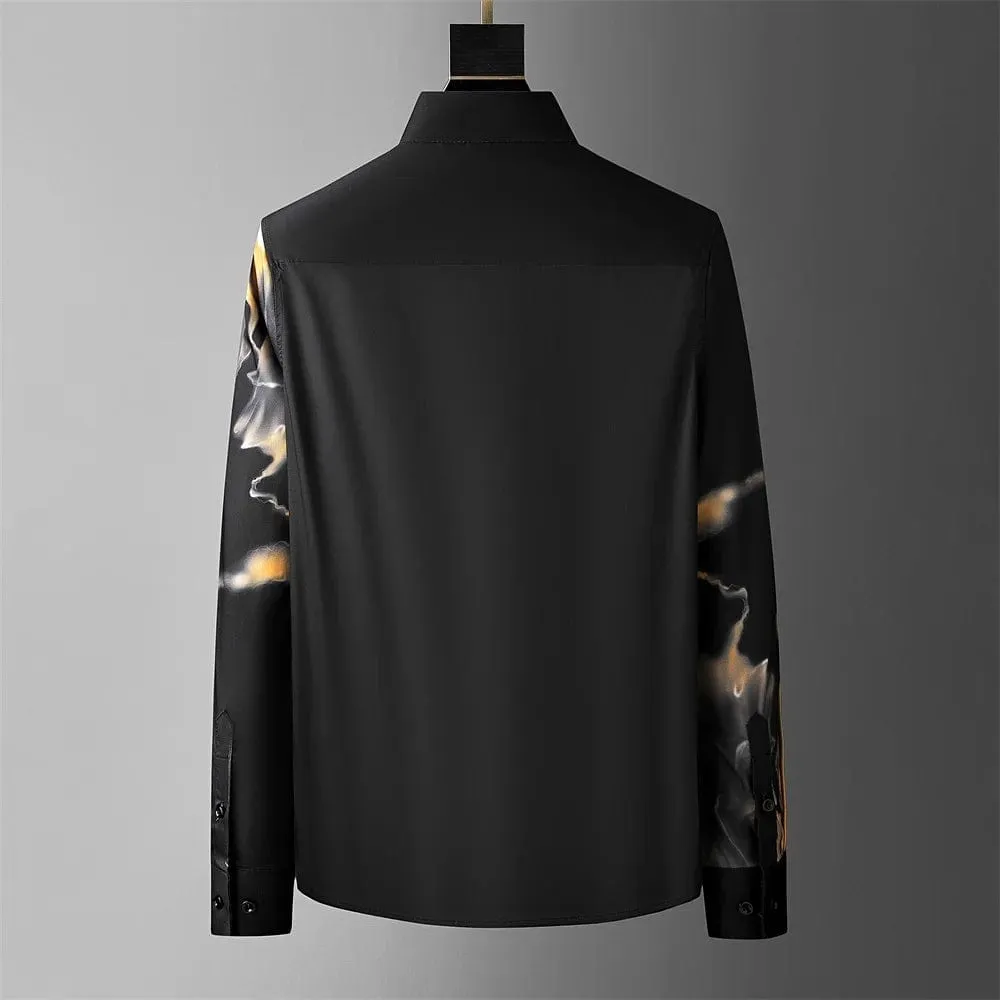 Men's Luxury Art Print Long Sleeve Shirt | Slim Fit Rhinestone Dress Shirt for Casual Business & Party Wear