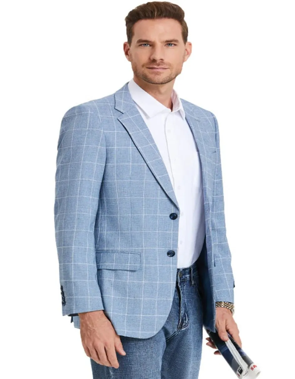 Men's Slim Fit Business Casual Summer Light Blue Windowpane Plaid Blazer