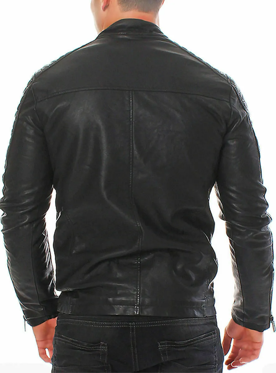 MENS VINTAGE BLACK GENUINE LEATHER JACKET SLIM FIT RETRO REAL BIKER NEW