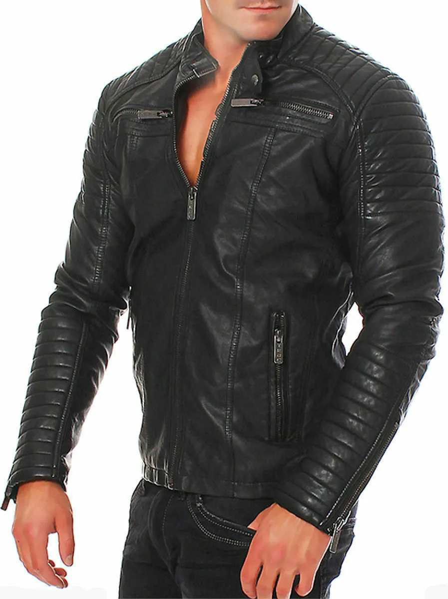 MENS VINTAGE BLACK GENUINE LEATHER JACKET SLIM FIT RETRO REAL BIKER NEW