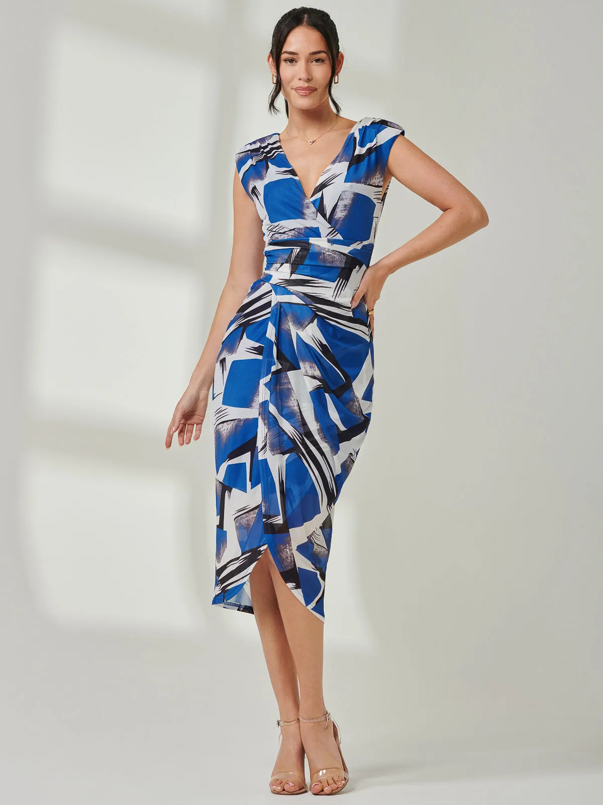 Mesh Wrap Ruched Bodycon Dress, Blue Abstract