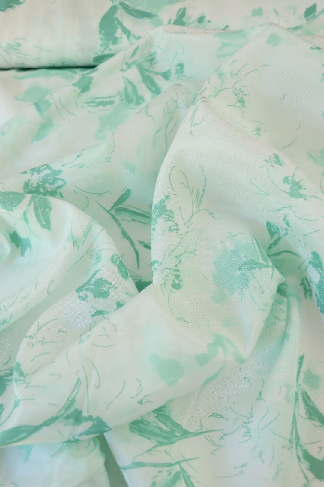 Mint Floral Sketch Viscose Satin