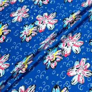 Multi Floral Printed Royal Blue Silk Satin