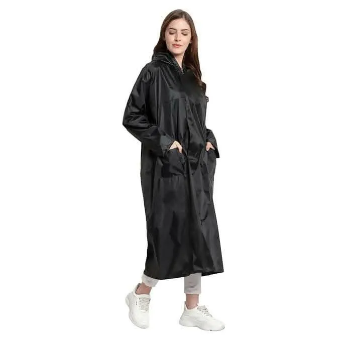 Multispace Auto Dean Premium Black Rain Coat for Women's Polyester Long Raincoat Poncho with Hood (2 Pcs,Size 28 to 34 inch waist)