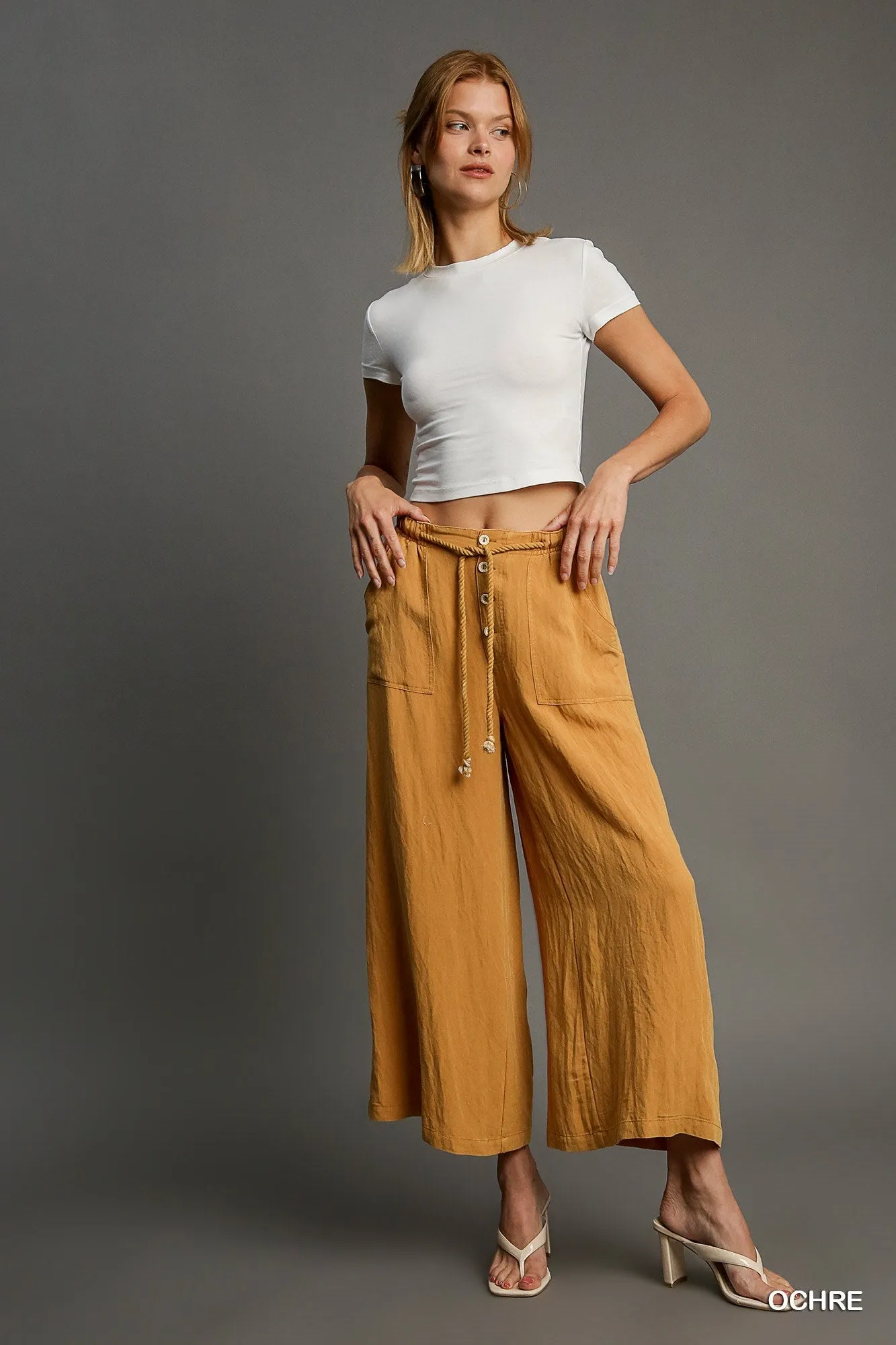 Mustard Snow Washed Denim Wide Leg Pants