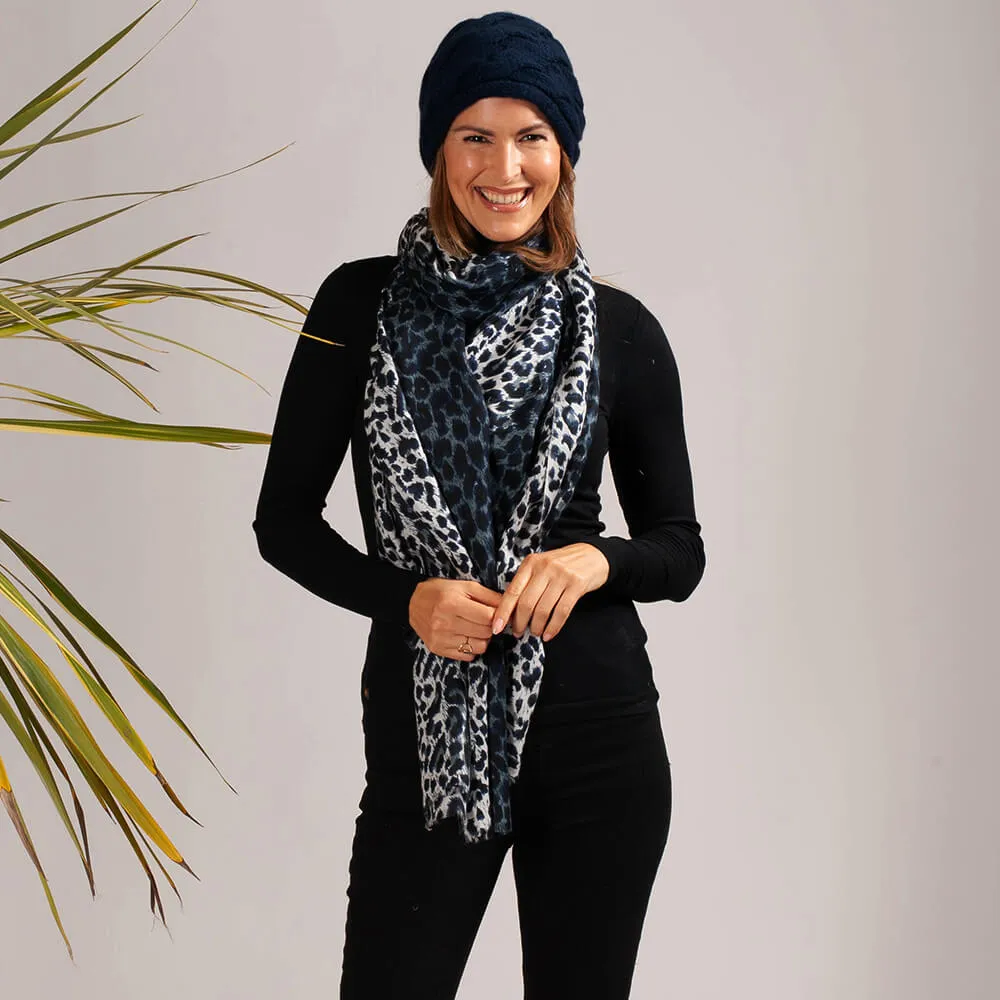 Navy Leopard Print Scarf and Cashmere Beanie Set