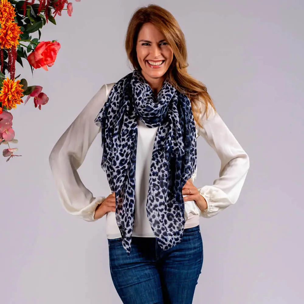 Navy Leopard Print Scarf and Cashmere Beanie Set