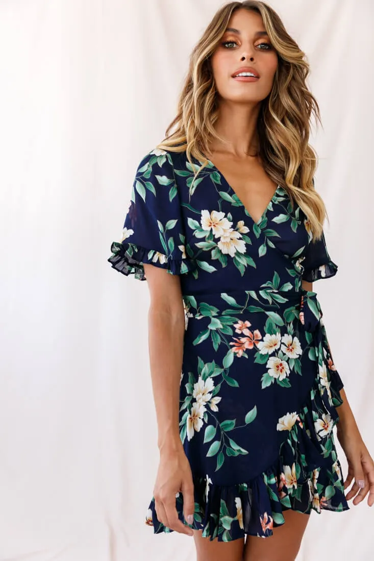 Omara Floral Wrap Ruffle Trim Dress Navy