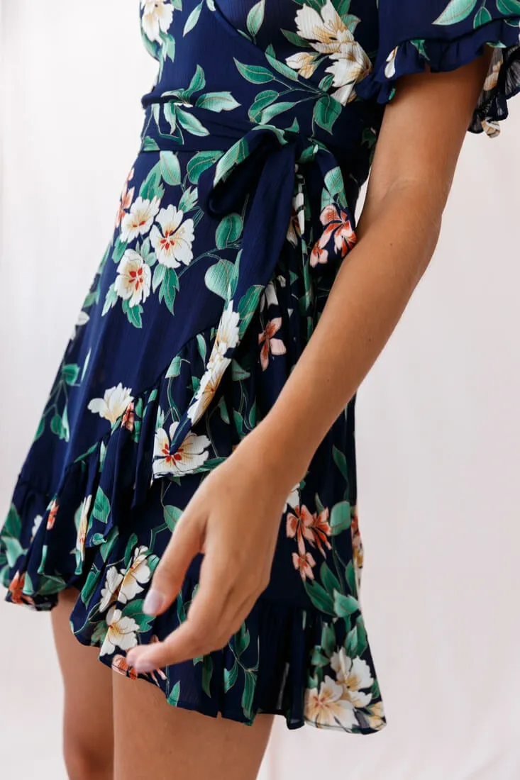 Omara Floral Wrap Ruffle Trim Dress Navy