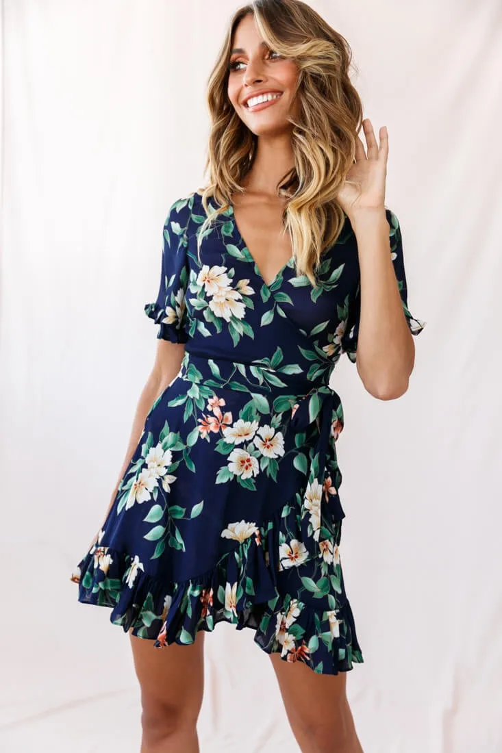 Omara Floral Wrap Ruffle Trim Dress Navy