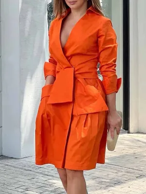 Orange Draped Cotton Wrap-Shirt Dress