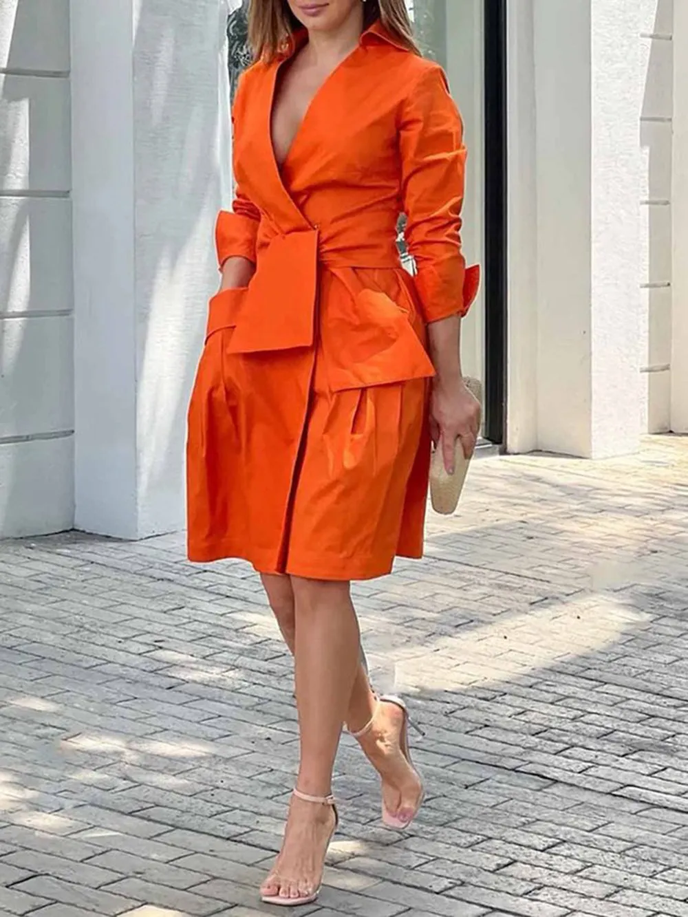 Orange Draped Cotton Wrap-Shirt Dress