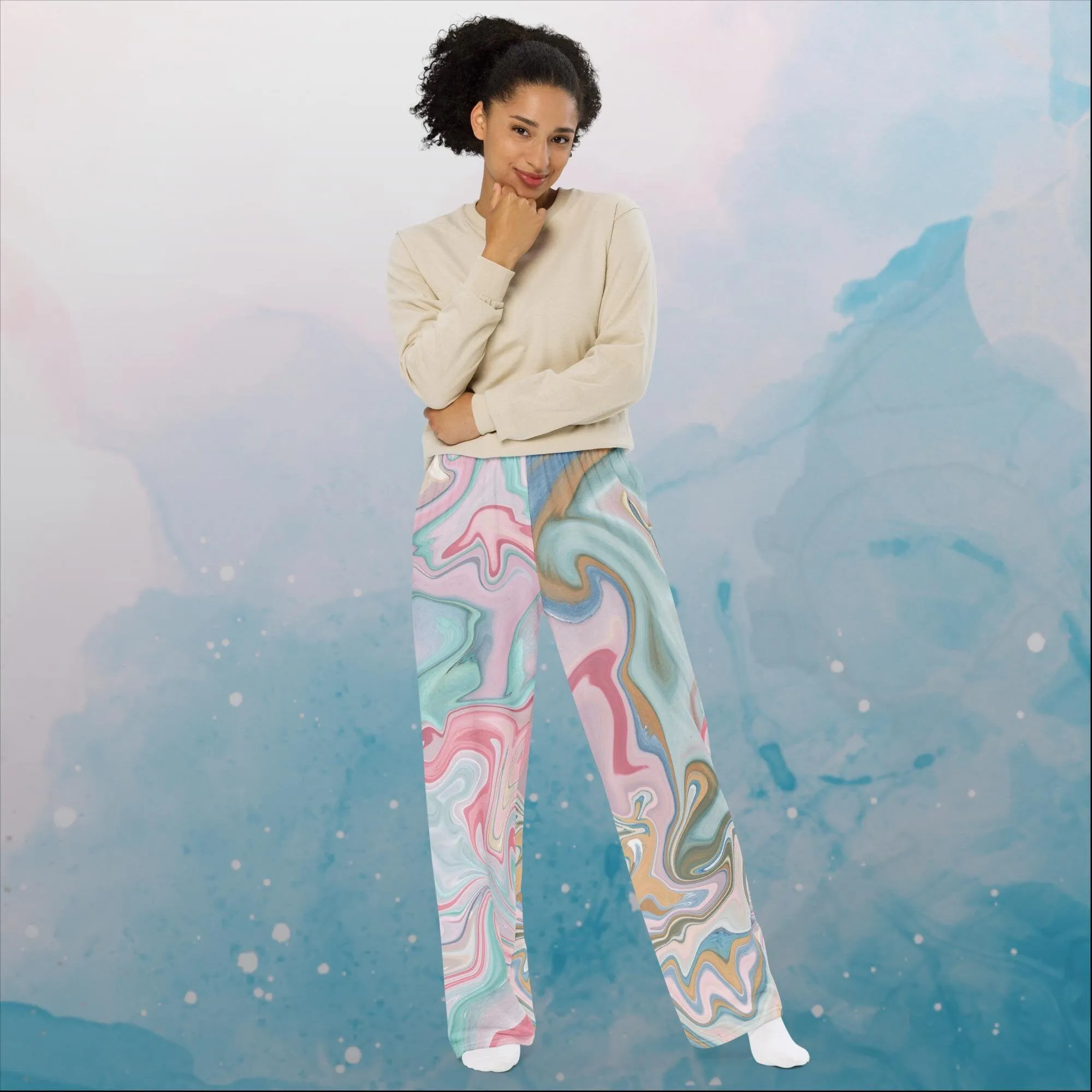 Pink and Mint Green Marble Print Unisex Wide Leg Pants