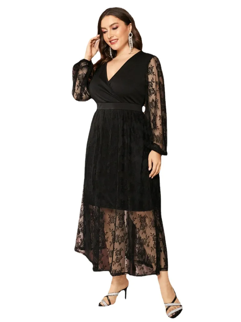 Plus Size V-neck Lace Patchwork Design Long Sleeves Dress