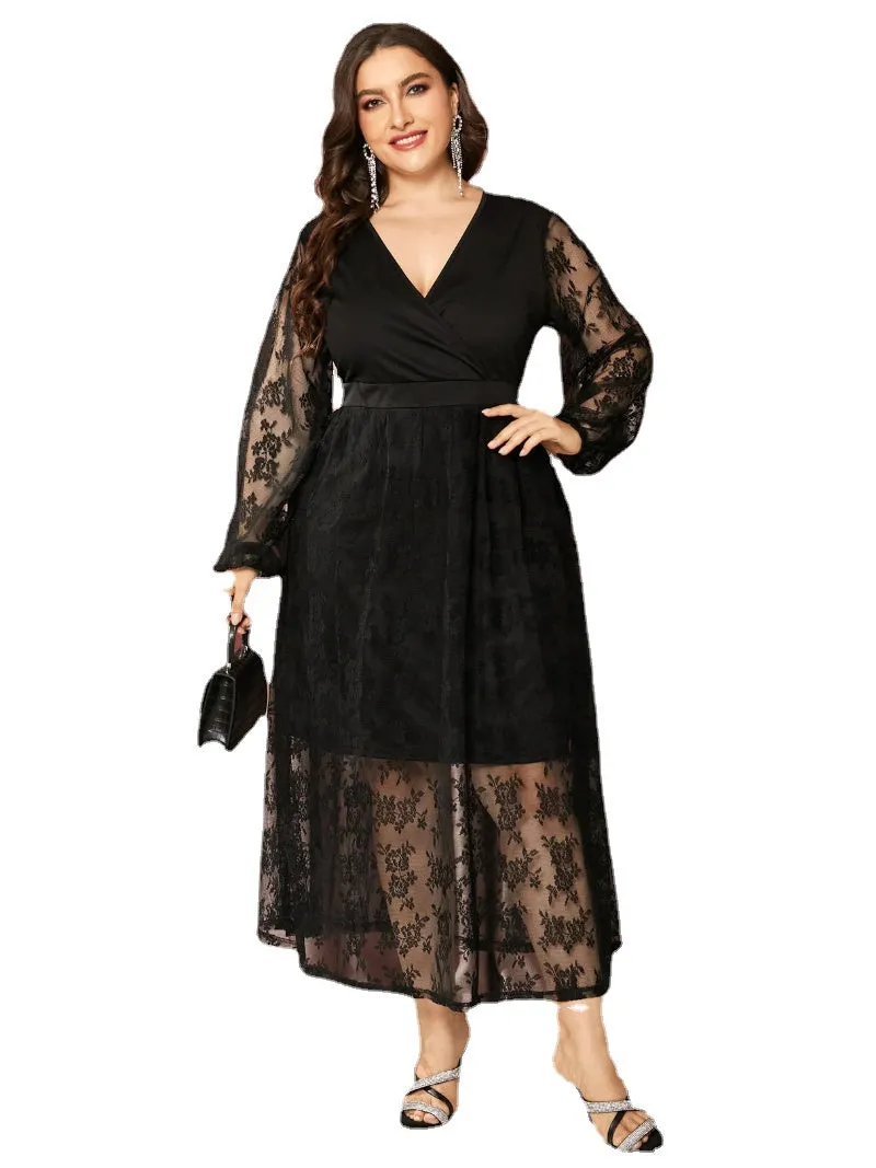 Plus Size V-neck Lace Patchwork Design Long Sleeves Dress