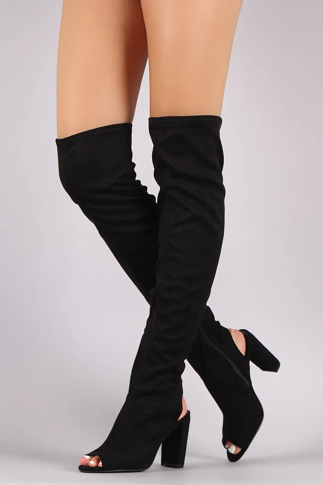 Qupid Stretchy Cutout Chunky Heeled Over-The-Knee Boots