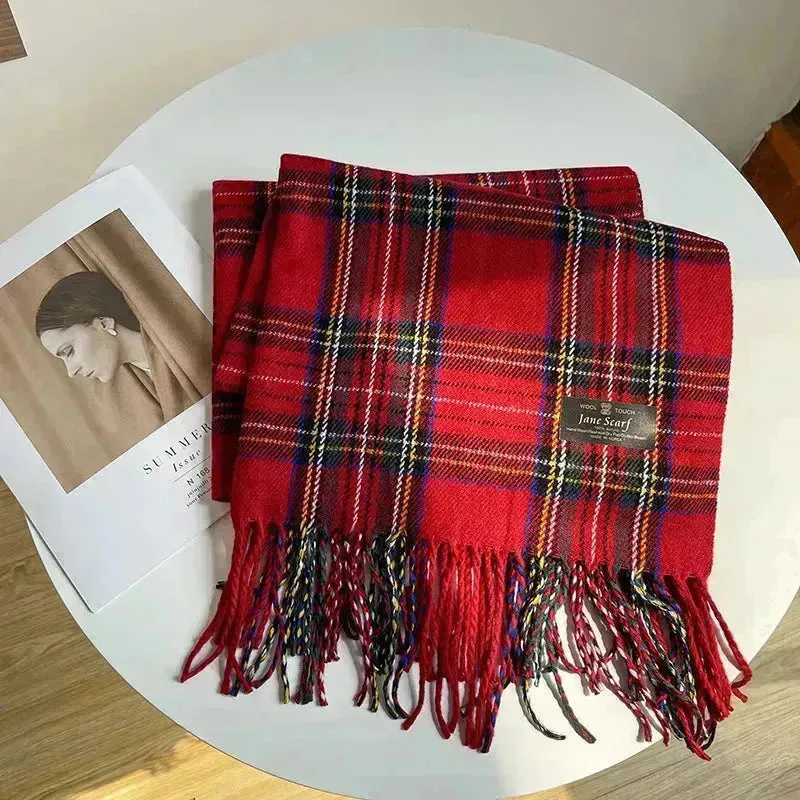 Red Check Pattern Plaid All-match Warm Tassel Scarf