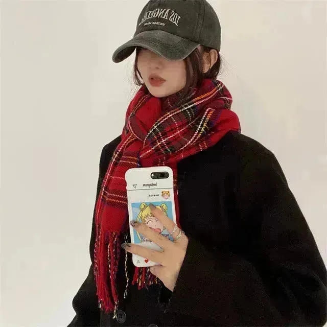 Red Check Pattern Plaid All-match Warm Tassel Scarf