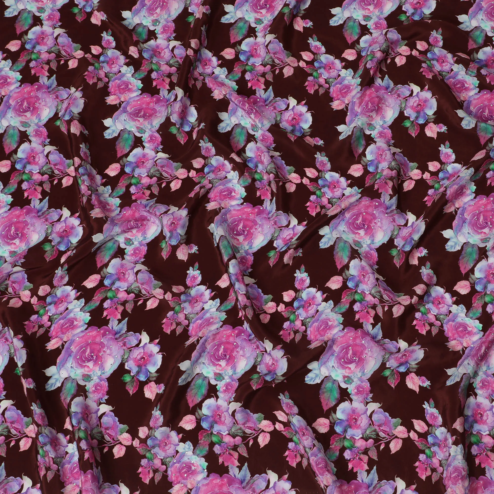 Rich Burgundy Crepe Fabric with Pink and Lavender Floral Print, Stone Embellishments, 110 cm Width - Imported from India-D20250