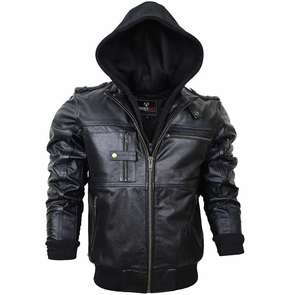 RIDERACT® Men Leather Motorcycle Jacket Black with Hood Stinger Moto Jacket