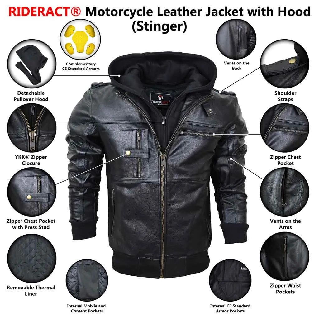 RIDERACT® Men Leather Motorcycle Jacket Black with Hood Stinger Moto Jacket